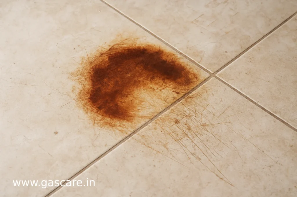 Close-up of a light beige tiled kitchen floor showing severe rust stains and deep scratches caused by an LPG gas cylinder, highlighting floor damage from heavy cylinder placement and movement.