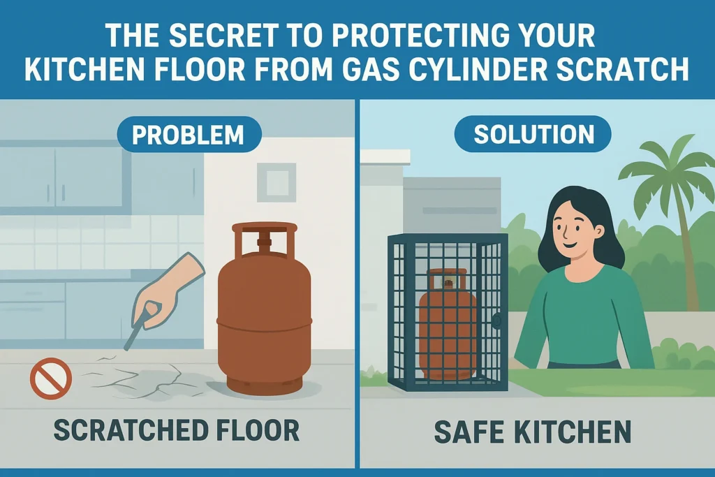 An infographic image describing 'The Secret to Protecting Your Kitchen Floor from Gas Cylinder Scratches' The infographic clearly depicts the problem (floor damage from cylinders) and the solution (outside gas pipeline + cage).