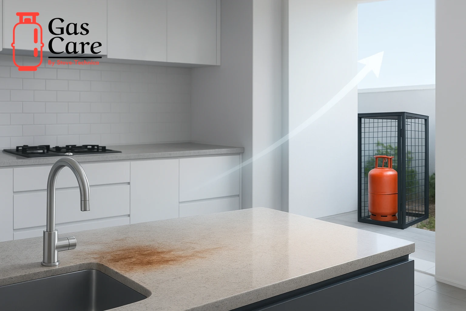 Modern renovated kitchen with sleek granite countertop seamlessly connected to an outdoor LPG cylinder housed in a secure black cage via a discrete piped gas line, symbolizing safe and modern home upgrade.