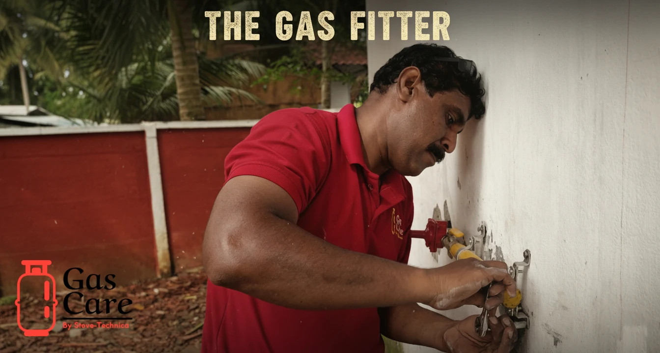 This image depicts a gas care professional installing a domestic gas pipe line in a building in Kerala