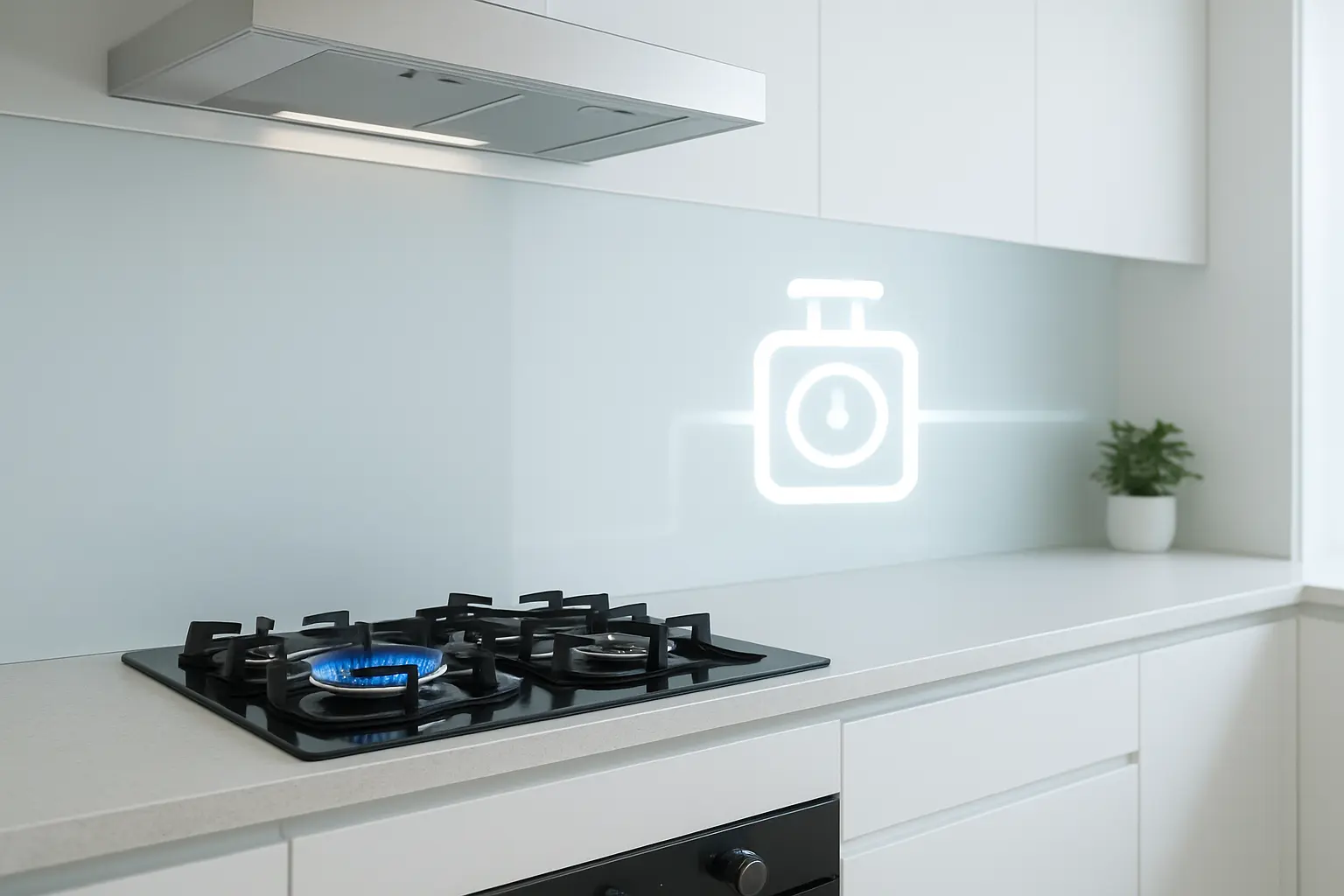 Modern minimalist kitchen with a gas hob showing a blue flame, sleek white cabinetry, and a glowing gas meter icon integrated into the wall design, symbolizing a safe and efficient piped gas connection