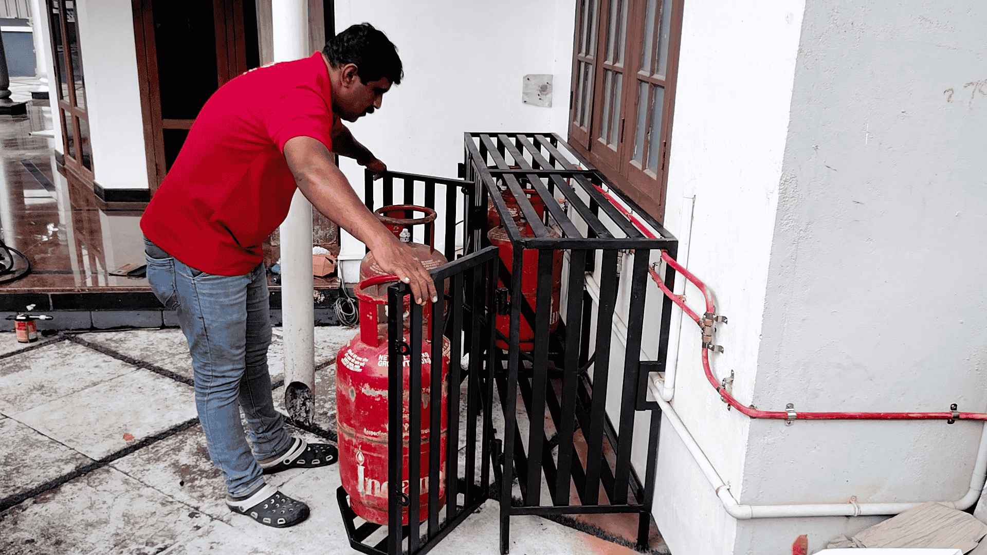 Photo of gas pipeline installation in a flat apartment upstairs