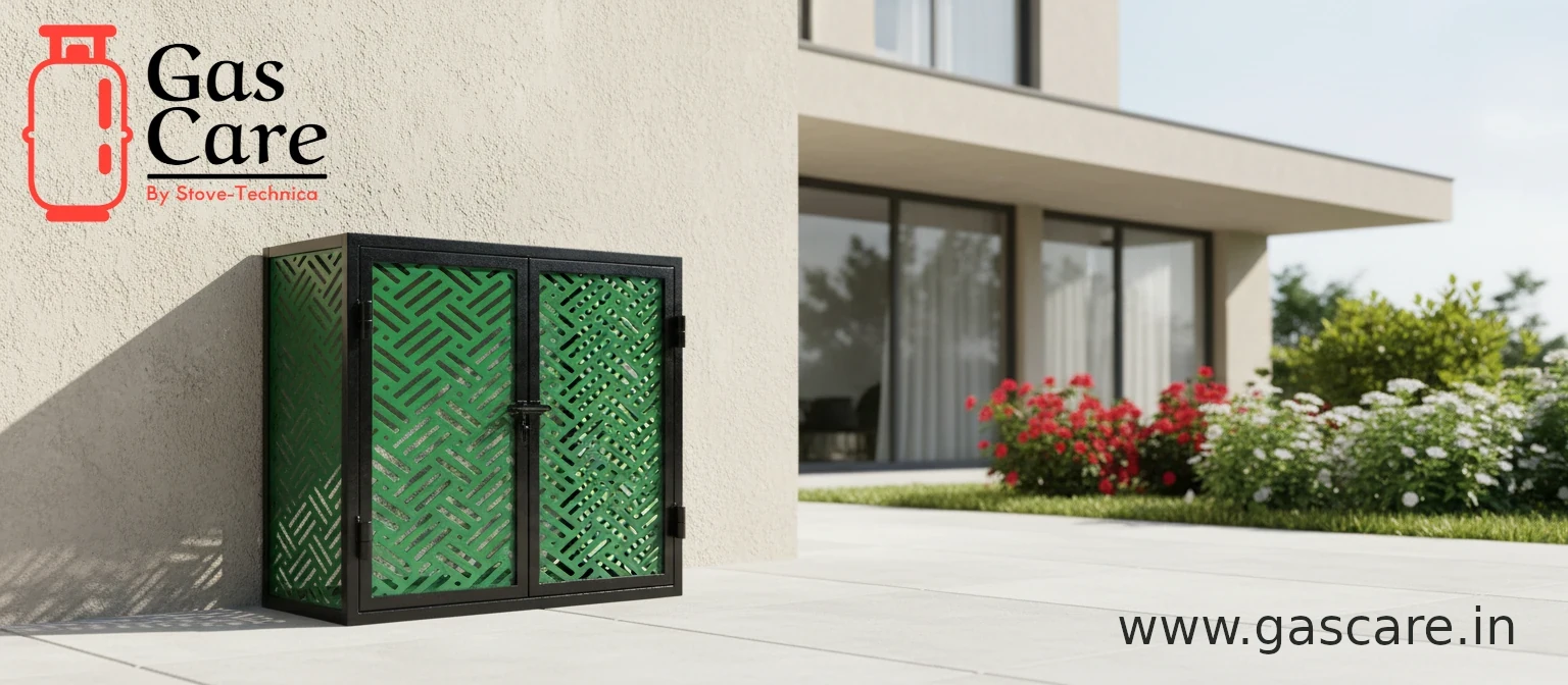 Image of a gascare CNC cut two-cylinder green colour gas cage mounted on the wall of a large, magnificent residence
