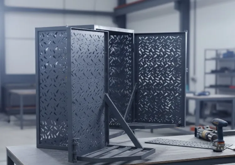 Image of a grey CNC cut gas cage with rotating base being made in the workshop.