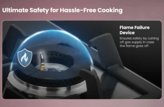 A banner image of a gas cooktop with flame failure device and the phrase ultimate safety for hassle-free cooking - flame failure device