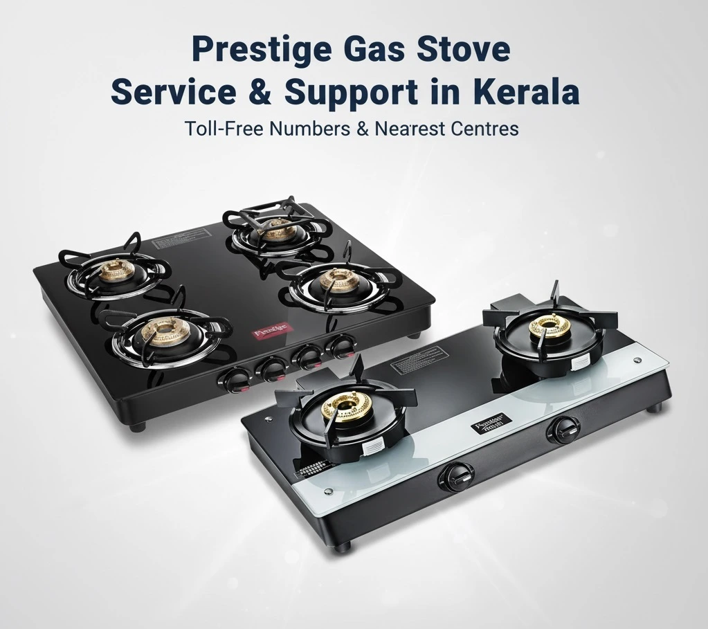 Image showing two Prestige gas stoves and text: Prestige Gas Stove Service & Support in Kerala: Toll-Free Numbers & Nearest Centres