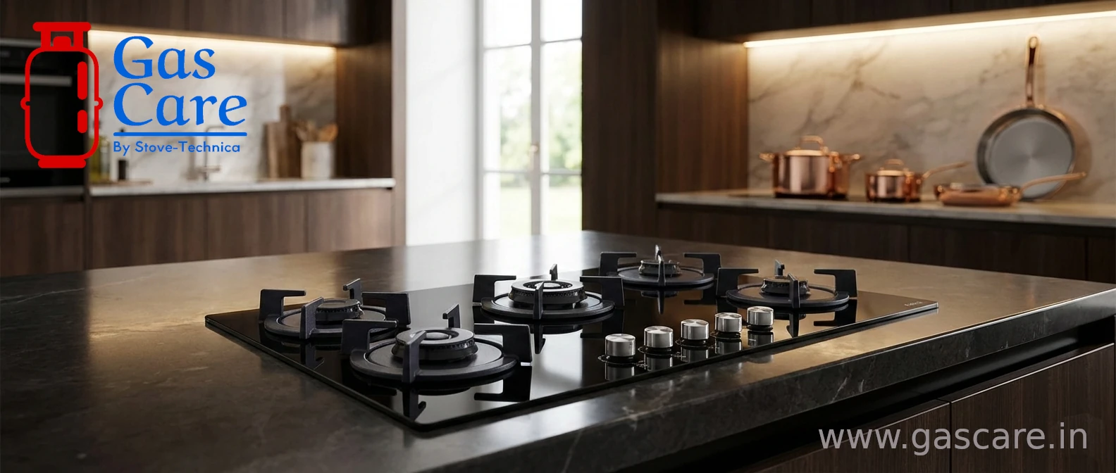 This image shows an Elica 90cm 5 Burner Auto Ignition Hob RG FLEXI 590 LOTUS IND HD Brass fitted in a stunning modern kitchen