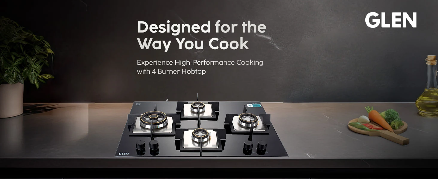 Glen 4 Burner Gas Stove 70 cm Built-In Hob & Hobtop | Auto Ignition | 8mm Toughened Glass Top | Double Ring Forged Brass Burners | LPG Compatible | Black | 2 Year Warranty (BH1074XSQHTTR70)
