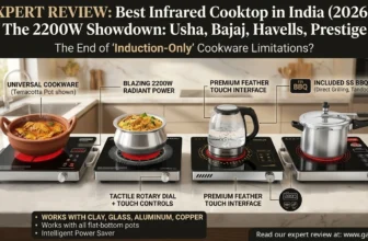 Featured banner image for the expert review 'Best Infrared Cooktop in India (2026): Usha vs Bajaj vs Havells vs Prestige'. The graphic features four top-rated 2200W radiant cooktops arranged on a modern quartz kitchen counter, actively cooking with diverse cookware like a terracotta clay handi, copper pot, aluminum handi, and glass kettle. Callout details specify unique features: 'The End of "Induction-Only" Cookware Limitations? Universal Cookware compatible', 'Works with all flat-bottom pots (Clay, Glass, Aluminum, Copper)', 'Included BBQ Grill (Usha & Havells)' for direct roasting/tandoor style, '4kV Surge Protection (Usha)', 'Tactile Rotary Dial + Touch Controls (Bajaj)', 'Intelligent Power Saver (Prestige)', and 'Blazing 2200W Radiant Power'. Bottom right corner text, Read our expert review at: www.gascare.in. Brand: Usha, Bajaj, Havells, Prestige.
