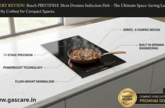 Banner image of expert review 'Bosch PIB375FB1E 30cm Domino Induction Hob: The Ultimate Space-Saving Luxury?'. The photo shows the sleek, black Series 6 domino induction cooktop flush-mounted into a luxury quartz modular kitchen countertop. A copper-finished cast iron skillet is actively simmering a stew on the glowing red induction zone with steam rising. Digital display graphics show the "boost" power level activated. The image includes callout lines highlighting key features: 17-stage precision controls, PowerBoost technology, built-in German engineering, flush-mount minimalism, and 30cm domino design. A gold ‘Verified Expert Review’ seal is visible in the corner. Brand: Bosch Series 6.
