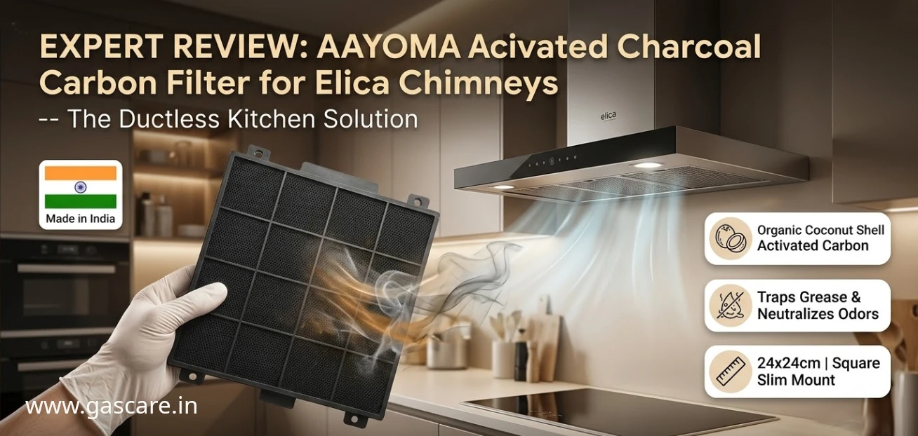 Featured banner image for an expert review of the AAYOMA Activated Charcoal Carbon Filter for Elica Chimneys, a ductless kitchen solution. The graphic centers on a replacement carbon filter (image_35.png) with an exposed internal view of premium activated charcoal pellets and a clear visualization of smoke and strong odors being trapped and neutralized. Clear, large text overlay reads: "EXPERT REVIEW: AAYOMA CARBON FILTER FOR ELICA CHIMNEYS – THE DUCTLESS KITCHEN SOLUTION". Key benefit badges with icons detail: 'Made in India', 'Organic Coconut Shell Activated Charcoal', 'Neutralizes Stubborn Odors', 'Fits Most Elica Auto-Clean Models', and 'Cost-Effective Spare'. The background shows a gently blurred, modern kitchen with a cooktop, emphasizing its purpose. The universal Elica compatibility and easy 2-minute DIY installation are highlighted.