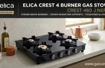 Banner image featuring the Elica Crest 4 Burner Gas Stove, model CREST 460 J NERO, highlighting the black toughened glass top, durable forged brass burners, and unique crown design pan supports.