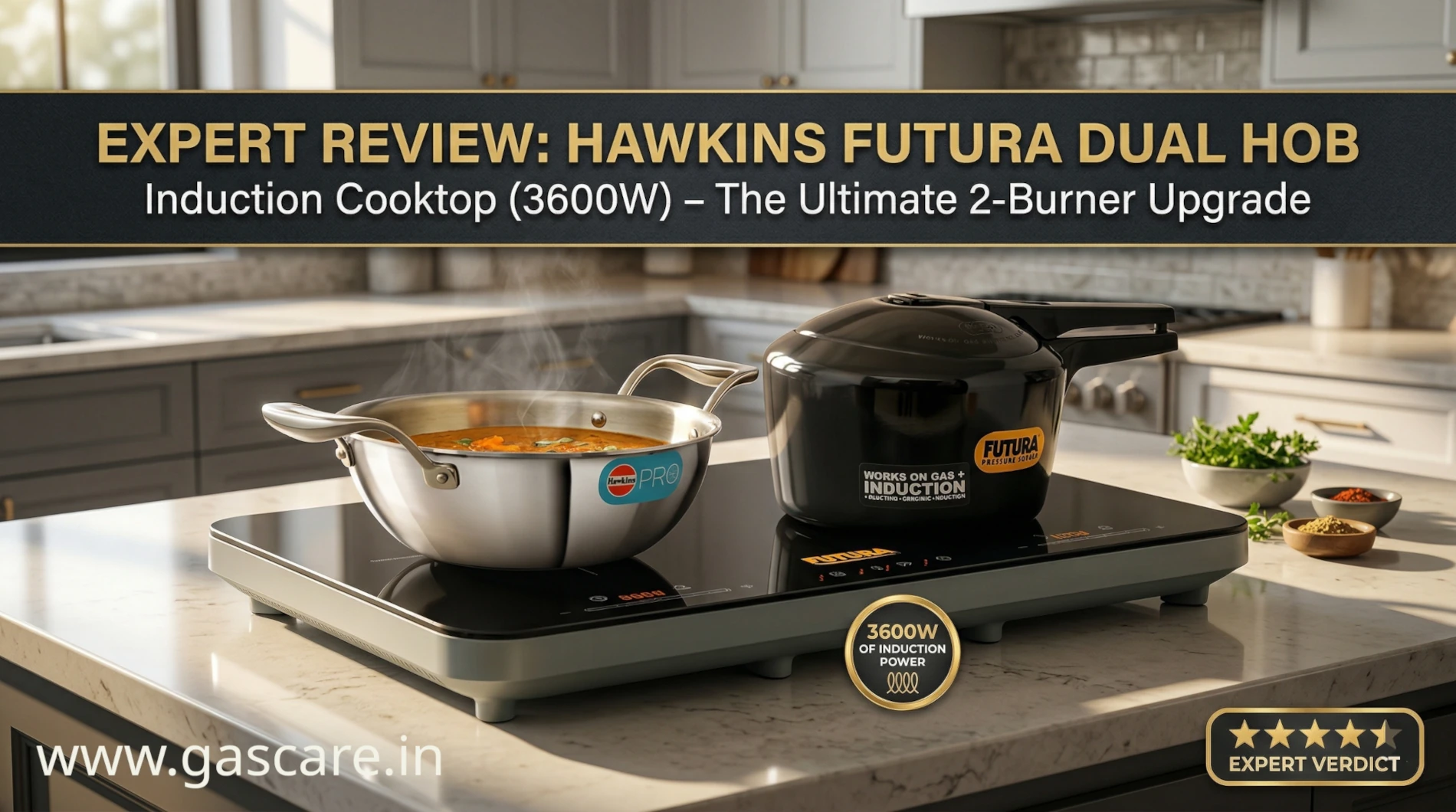 Featured banner for the expert review of the Hawkins Futura Dual Hob Induction Cooktop FIC2A1, displaying the 3600W two-burner black glass electric stove heating a stainless steel pan and a black Futura pressure cooker on a modern kitchen counter.