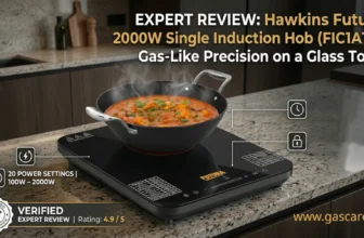 Verified expert review graphic for the Hawkins Futura 2000W Single Induction Hob (FIC1A1) on a modern granite kitchen counter. The infographic highlights its unique "Gas-Like Precision on a Glass Top?" with a steaming wok of paneer curry. Detailed text callouts with icons showcase its core features: 20 precise power settings from 100W to 2000W, and ultra-precise 1-minute time intervals. A prominent gold seal badging at the bottom left indicates "VERIFIED Expert Review | Rating: 4.9 / 5." Matte black ceramic glass design, and website address www.gascare.in