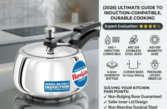 Infographic featured image summary of the Hawkins Stainless Steel Contura 3 Litre Review. The graphic shows the 3L cooker and highlights key features: 100% Gas + Induction Compatible, AISI 304 Stainless Steel Body, AISI 430 Magnetic Base, 6.6mm Sandwich Bottom, Curved Sides for Easy Stirring, Pressure-Locked Inner Lid. Includes Expert Evaluation score 4.5 Stars, 2026 Ultimate Guide title, and a list of solved pain points (Non-Bulging Base, Safer Design, Non-Reactive Steel). Reviewed by Gas Care.