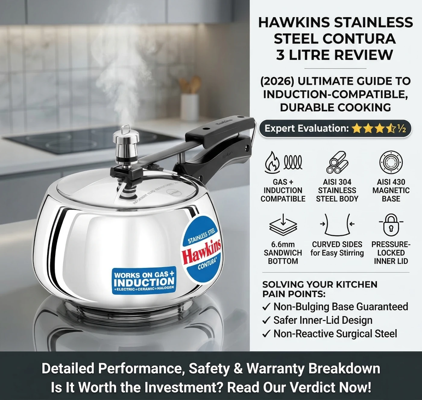 Infographic featured image summary of the Hawkins Stainless Steel Contura 3 Litre Review. The graphic shows the 3L cooker and highlights key features: 100% Gas + Induction Compatible, AISI 304 Stainless Steel Body, AISI 430 Magnetic Base, 6.6mm Sandwich Bottom, Curved Sides for Easy Stirring, Pressure-Locked Inner Lid. Includes Expert Evaluation score 4.5 Stars, 2026 Ultimate Guide title, and a list of solved pain points (Non-Bulging Base, Safer Design, Non-Reactive Steel). Reviewed by Gas Care.