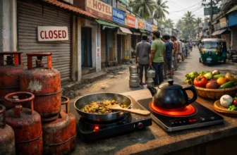 street with closed restaurants, LPG cylinders, and people waiting in line during India’s 2026 LPG shortage while food cooks on an electric cooktop
