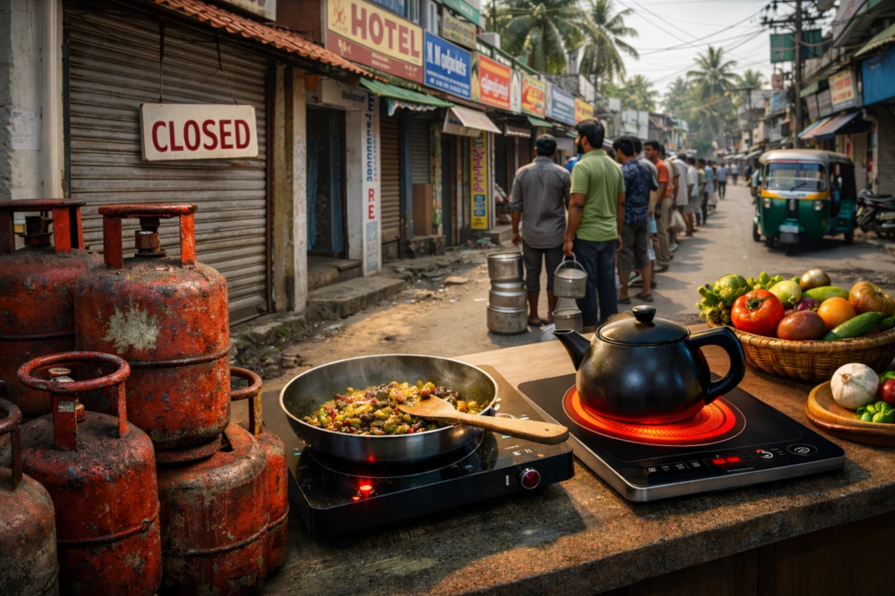 street with closed restaurants, LPG cylinders, and people waiting in line during India’s 2026 LPG shortage while food cooks on an electric cooktop
