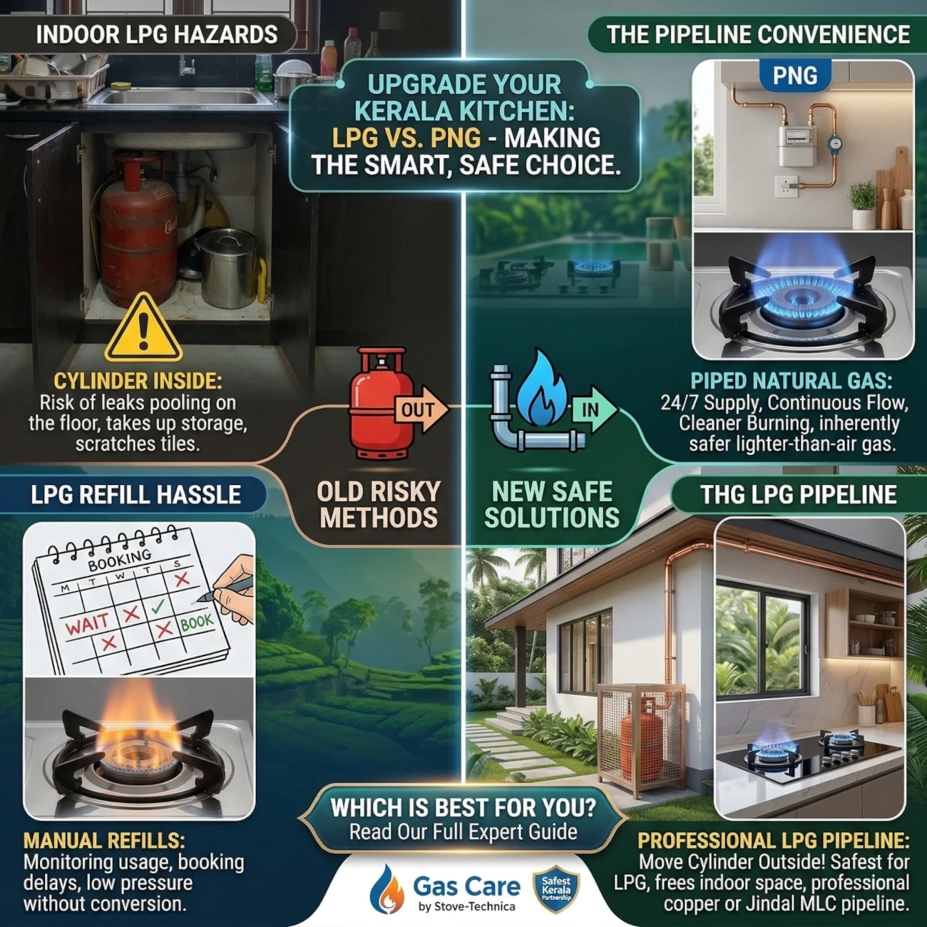Split-panel infographic for a Kerala kitchen comparing LPG vs PNG and traditional vs modern methods. Left side labeled 'OLD RISKY METHODS' shows indoor LPG hazards, like a leaky cylinder inside a dark cabinet with a warning icon, and the hassle of manual refills. Right side labeled 'NEW SAFE SOLUTIONS' displays modern PNG convenience with a clear blue flame, continuous flow, and lighter-than-air gas, alongside a professional outdoor copper LPG pipeline that moves the cylinder to a secure cage, frees up space, and provides a sleek appearance. Text at top: 'UPGRADE YOUR KERALA KITCHEN: LPG VS. PNG - MAKING THE SMART, SAFE CHOICE'. Includes 'WHICH IS BEST FOR YOU?' call-to-action and Gas Care by Stove-Technica logo.