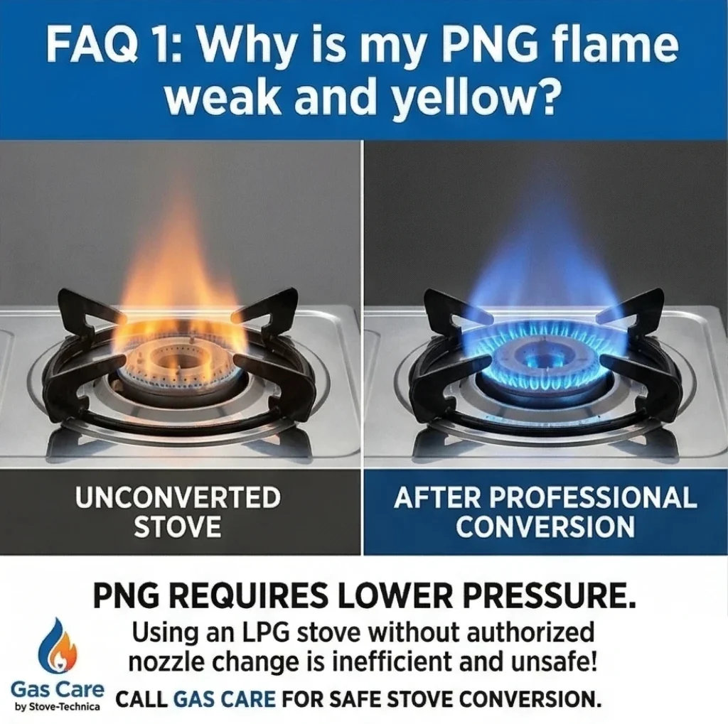 split banner showing lpg flame from an unconverted gas stove with yellow flame and the other side with after professional png conversion gas stove with blue flame.