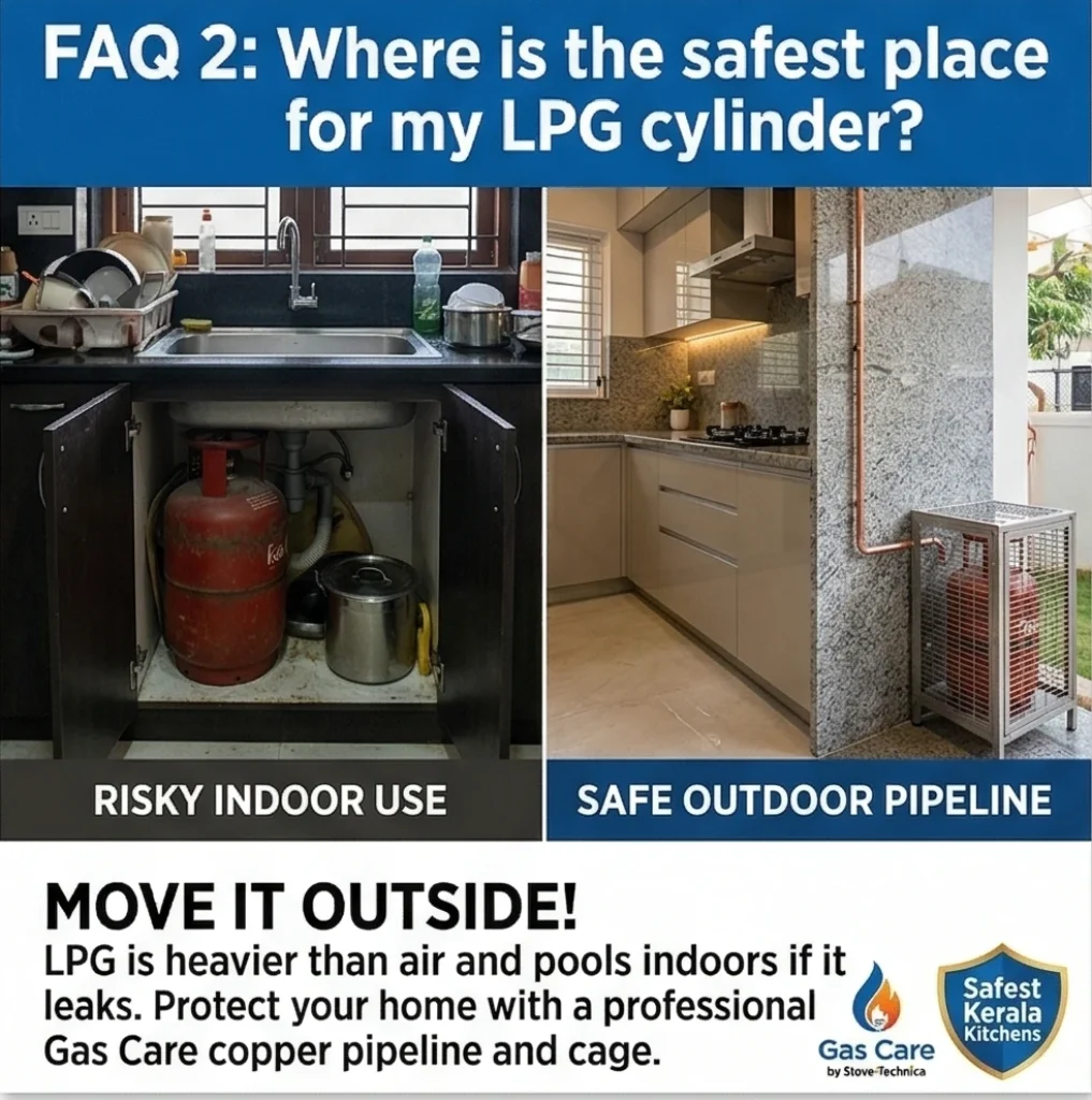 Split banner displaying the most secure place to place the gas cylinder in home. Keep the cylinder risky inside the kitchen or in a gas cage outside safely connecting via gas copper pipeline.