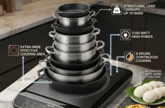 Landscape blog banner image for the Panasonic KY-A112AKFD induction cooktop review (2026). The image features the Panasonic KY-A112AKFD induction cooktop in a modern kitchen, dramatically holding a massive, tiered stack of cast iron and stainless steel pots to visualize "heavy-duty" and "60kg structural load capacity." To the side is an appetizing spread of Indian food, including idlis on banana leaves and various curries, highlighting the "Extra-wide Effective Cooking Area." Feature callouts with icons include '2100 WATT HIGH POWER', '8 HOURS CONTINUOUS COOKING', and 'INTEGRATED KEEP WARM FUNCTION'. 'JAPAN QUALITY' and '1 YEAR WARRANTY' logos are included, along with a subtle 'www.gascare.in' text on the bottom left corner.