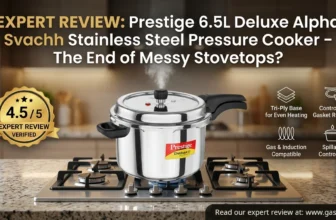 Featured review banner for the Prestige 6.5L Deluxe Alpha Svachh Stainless Steel Pressure Cooker, showing the cooker actively cooking and preventing spillage on a modern clean stovetop. The image includes a gold 4.5/5 expert review rating badge, icons detailing key features (Spillage Control Lid, Tri-Ply Base for Even Heating, Controlled Gasket Release, Gas & Induction Compatible), and text - Read our expert review at: www.gascare.in.