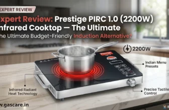 Featured banner image for a professional 'gascare.in' expert review of the 'Prestige PIRC 1.0 (2200W) Infrared Cooktop'. The graphic shows the black glass prestige infrared cooktop with a stainless steel frame and a tactile dial. A stainless steel pot is steaming on the glowing red concentric heating zone, demonstrating its 'Infrared Radiant Heat Technology'. Feature callouts highlight key specs: '2200W' power output, 'Indian Menu Presets' control panel icons, and 'Precise Tactile Control'. Text overlay features the article title: 'Expert Review: Prestige PIRC 1.0 (2200W) Infrared Cooktop – The Ultimate Budget-Friendly Induction Alternative?'. This banner aims to reduce buying friction by presenting a definitive expert verdict on this universal-cookware-compatible appliance.
