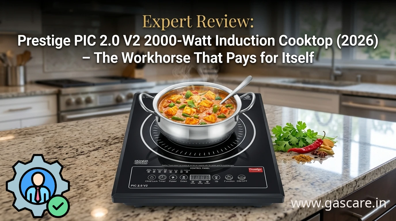 Featured banner image for the expert review of the Prestige PIC 2.0 V2 2000-Watt Induction Cooktop. The sleek, black radiant glass cooktop is displayed on a modern granite kitchen counter with a stainless steel pot of simmering Indian curry inside the anti-skid ring. The front feather-touch control panel featuring Indian preset menus is clearly visible. On the left, there is a spherical badge with a blue verified expert icon. Bold text overlay reads "Expert Review: Prestige PIC 2.0 V2 2000-Watt Induction Cooktop (2026) - The Workhorse That Pays for Itself". Brand: Prestige. www.gascare.in is written in the bottom-right corner.