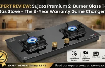Featured banner image for an expert review of the Sujata Premium 2-Burner Glass Top Gas Stove, highlighting its actively lit jumbo brass burners, SABAF Italian Valve technology, ISI Certified safety, and an industry-leading 9-Year Comprehensive Warranty. The image includes a gold Verified Expert Review badge with a 4.8/5 rating, and the text: Read our expert review at www.gascare.in.