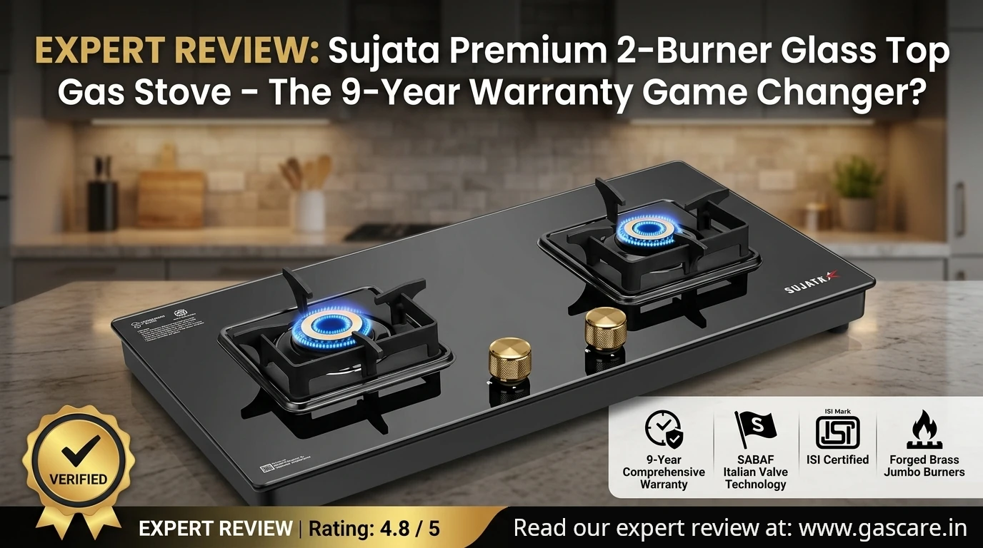Featured banner image for an expert review of the Sujata Premium 2-Burner Glass Top Gas Stove, highlighting its actively lit jumbo brass burners, SABAF Italian Valve technology, ISI Certified safety, and an industry-leading 9-Year Comprehensive Warranty. The image includes a gold Verified Expert Review badge with a 4.8/5 rating, and the text: Read our expert review at www.gascare.in.