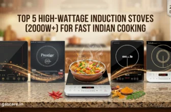 A blog banner round-up comparing five top high-wattage induction stoves for Indian cooking. The main headline reads, 'TOP 5 HIGH-WATTAGE INDUCTION STOVES (2000W+) FOR FAST INDIAN COOKING,' with a '2026 EDITION' badge. The image displays the five featured stoves on a modern kitchen counter: the Bajaj Majesty Slim, Prestige Automatic Whistle Counter PIC 6.1 V3, An Induction cooker with a pot of cooking food (a copper finish kadai sits on the central stove), iBELL IBL 30YO, and the Philips Induction Stove. Ssurrounded by fresh Indian spices like turmeric powder, curry leaves, and red chilies. On the left bottom corner text: www.gascare.in