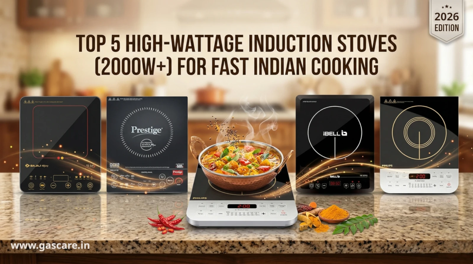 A blog banner round-up comparing five top high-wattage induction stoves for Indian cooking. The main headline reads, 'TOP 5 HIGH-WATTAGE INDUCTION STOVES (2000W+) FOR FAST INDIAN COOKING,' with a '2026 EDITION' badge. The image displays the five featured stoves on a modern kitchen counter: the Bajaj Majesty Slim, Prestige Automatic Whistle Counter PIC 6.1 V3, An Induction cooker with a pot of cooking food (a copper finish kadai sits on the central stove), iBELL IBL 30YO, and the Philips Induction Stove. Ssurrounded by fresh Indian spices like turmeric powder, curry leaves, and red chilies. On the left bottom corner text: www.gascare.in