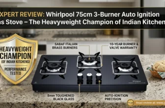 The featured banner image depicts the Whirlpool GRANDIOSA ULTRA LOTUS 753 CT AI BR 75cm 3-Burner Gas Stove. Highlights the 'Heavyweight Champion of Indian Kitchens' with infographic callouts for SABAF Italian Brass Burners,10-Year Burner & Valve Warranty, 8mm Toughened Black Glass, and Auto-Ignition Precision. Text in the right bottom corner, Read the review at gascare.in.