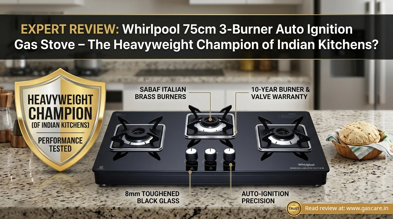 The featured banner image depicts the Whirlpool GRANDIOSA ULTRA LOTUS 753 CT AI BR 75cm 3-Burner Gas Stove. Highlights the 'Heavyweight Champion of Indian Kitchens' with infographic callouts for SABAF Italian Brass Burners,10-Year Burner & Valve Warranty, 8mm Toughened Black Glass, and Auto-Ignition Precision. Text in the right bottom corner, Read the review at gascare.in.