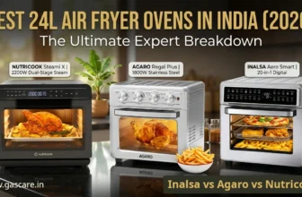 Comprehensive comparison banner for 'BEST 24L AIR FRYER OVENS IN INDIA (2026): The Ultimate Expert Breakdown' from Gas Care By Stove-Technica. The graphic exhibits four specific models side-by-side on a polished kitchen counter: Faber FAO 25L 15F BK, INALSA Crisp Pro 24, Agaro Regal Plus 23L, and Nutricook Steami X 24L. Each large-capacity hybrid oven is glowing warmly with active internal lights, cooking diverse meals like whole roasted chicken, pizza, and French fries, illustrating their 360-degree convection capabilities. Set in a modern Kerala kitchen, with the text Inalsa vs Agaro vs Nutricook and www.gascare.in branding on bottom.