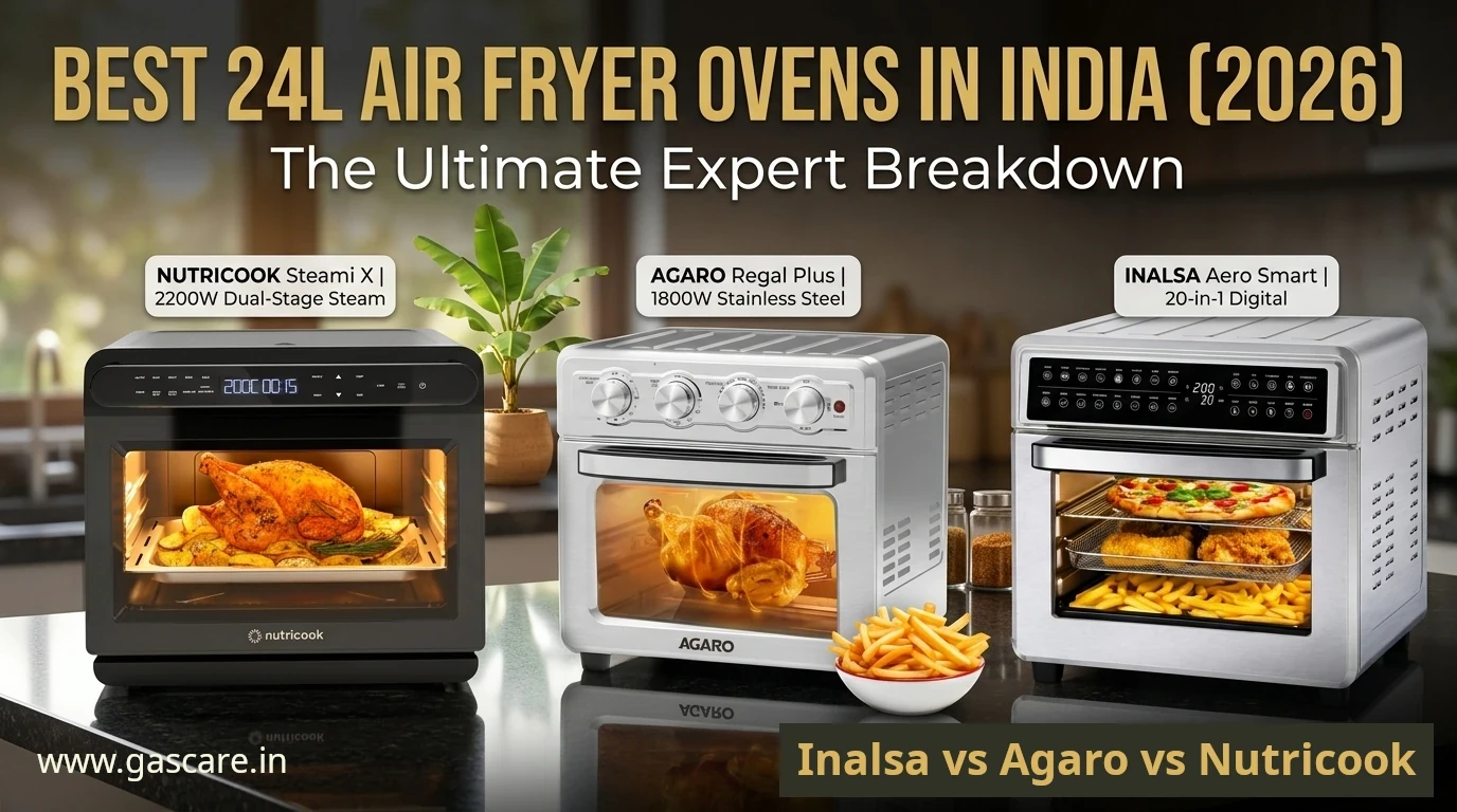 Comprehensive comparison banner for 'BEST 24L AIR FRYER OVENS IN INDIA (2026): The Ultimate Expert Breakdown' from Gas Care By Stove-Technica. The graphic exhibits four specific models side-by-side on a polished kitchen counter: Faber FAO 25L 15F BK, INALSA Crisp Pro 24, Agaro Regal Plus 23L, and Nutricook Steami X 24L. Each large-capacity hybrid oven is glowing warmly with active internal lights, cooking diverse meals like whole roasted chicken, pizza, and French fries, illustrating their 360-degree convection capabilities. Set in a modern Kerala kitchen, with the text Inalsa vs Agaro vs Nutricook and www.gascare.in branding on bottom.