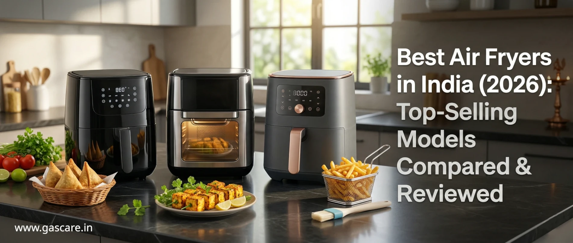 A featured blog banner image for an article titled "Best Air Fryers in India (2026): Top-Selling Models Compared & Reviewed." The image displays three modern, distinct air fryer types side-by-side on a dark soapstone kitchen counter. On the left is a sleek black digital basket model, in the middle is a silver/black oven-style model with a glass window showing food inside, and on the right is a premium matte grey digital basket model with rose gold accents. Arranged invitingly in the foreground are baskets of golden-brown air-fried samosas, a plate of paneer tikka, and french fries, along with fresh produce and a basting brush. Natural light streams from a window in a modern Indian kitchen. Clean, bold text on the right reads: "Best Air Fryers in India (2026): Top-Selling Models Compared & Reviewed." Branding in bottom left corner: www.gascare.in.