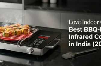 A featured blog banner image featuring a LONGWAY brand BBQ-Ready Infrared Cooktop actively grilling tofu and vegetable skewers on a stainless steel rack, set against a modern kitchen countertop. A glowing red radiant heating element with a patterned coil is visible, and steam is rising from the food. The background is a clean, modern kitchen with large white and bold grey text overlay on the right, reading: “Love Indoor Grilling? Best BBQ-Ready Infrared Cooktops in India (2026).” The cooktop displays its digital timer and preset buttons, including “BBQ” and “Hot Pot,” and has a stainless steel frame and front knob. Branding text 'www.gascare.in' in bottom left corner.