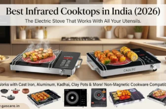 A comprehensive blog banner infographic comparing the "Best Infrared Cooktops in India (2026)", subtitled "The Electric Stove That Works With All Your Utensils." The main visual shows a modern kitchen with active grilling on Cadlec HeatMate and Longway Infralite Pro cooktops, with steam rising from red-glowing elements. A prominent feature section highlights compatibility with "Cast Iron, Aluminum, Kadhai, Clay Pots & More! Non-Magnetic Cookware Compatible." A bottom row provides product icons and compares five specific models with power ratings and unique selling points: Prestige PIRC 2.0 (2000W) with 4kV Surge Protection; Wonderchef (2000W) with Knob Control; Bajaj (2200W) with Knob Control; Cadlec HeatMate (2200W) with Active BBQ Grill; and Longway Infralite Pro (2200W) with Active BBQ Grill. Branding includes www.gascare.in.