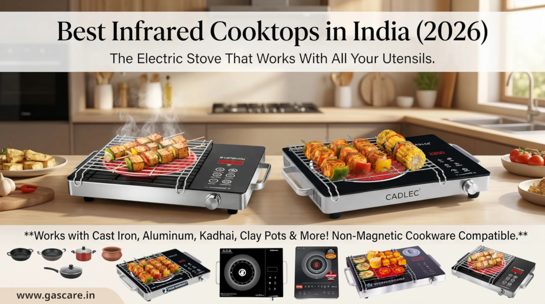 A comprehensive blog banner infographic comparing the "Best Infrared Cooktops in India (2026)", subtitled "The Electric Stove That Works With All Your Utensils." The main visual shows a modern kitchen with active grilling on Cadlec HeatMate and Longway Infralite Pro cooktops, with steam rising from red-glowing elements. A prominent feature section highlights compatibility with "Cast Iron, Aluminum, Kadhai, Clay Pots & More! Non-Magnetic Cookware Compatible." A bottom row provides product icons and compares five specific models with power ratings and unique selling points: Prestige PIRC 2.0 (2000W) with 4kV Surge Protection; Wonderchef (2000W) with Knob Control; Bajaj (2200W) with Knob Control; Cadlec HeatMate (2200W) with Active BBQ Grill; and Longway Infralite Pro (2200W) with Active BBQ Grill. Branding includes www.gascare.in.