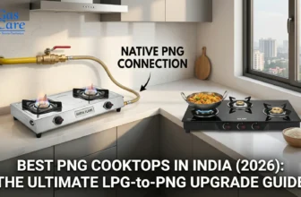 A comparison banner for native PNG cooktops in a modern Indian kitchen, featuring SURYA FLAME stainless steel 2-burner stove connected to a yellow PNG pipeline with a proper gas valve, and GLEN toughened glass top 3-burner stove with a regulator visibly connected. Both stoves have lit burners with a blue flame, and paneer tikka is cooking on the GLEN stove. Background shows high-rise buildings view from the window. Bottom text reads: 'BEST PNG COOKTOPS IN INDIA (2026): THE ULTIMATE LPG-to-PNG UPGRADE GUIDE'. The gas care logo is in the upper left corner.