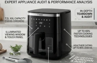 A professional blog header featuring the modern black Bosch Series 6 XXL Air Fryer (MAF671B0), presented as 'The Ultimate Gas Care Expert Breakdown Review 2026. The image showcases the visible-cooking air fryer on a kitchen counter with annotated call-outs highlighting key features: 7.2L XXL large capacity (fitting 1.8kg chicken), an illuminated viewing window and touch panel, up to 65% faster cooking technologies, and up to 95% less oil for healthier eating. It incorporates technical auditing graphics and an 'In-depth Teardown & Audit' section, positioned alongside kitchen props like tongs and fresh herbs, making it highly relevant for Indian cooking enthusiasts seeking expert appliance analysis. Additionally, www.gascare.in, branding on the lower left corner.