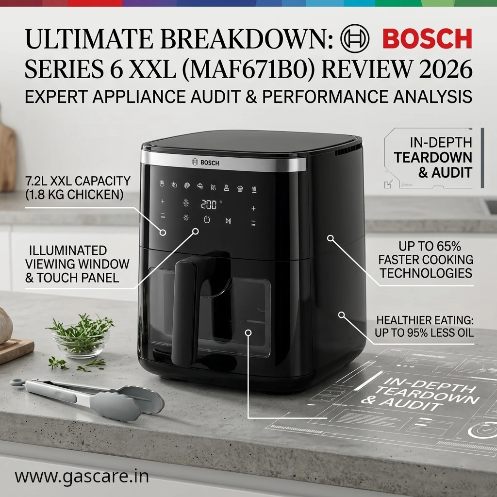 A professional blog header featuring the modern black Bosch Series 6 XXL Air Fryer (MAF671B0), presented as 'The Ultimate Gas Care Expert Breakdown Review 2026. The image showcases the visible-cooking air fryer on a kitchen counter with annotated call-outs highlighting key features: 7.2L XXL large capacity (fitting 1.8kg chicken), an illuminated viewing window and touch panel, up to 65% faster cooking technologies, and up to 95% less oil for healthier eating. It incorporates technical auditing graphics and an 'In-depth Teardown & Audit' section, positioned alongside kitchen props like tongs and fresh herbs, making it highly relevant for Indian cooking enthusiasts seeking expert appliance analysis. Additionally, www.gascare.in, branding on the lower left corner.