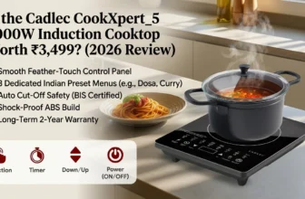 A comprehensive blog banner for the Cadlec CookXpert_5 2000W Induction Cooktop review. The image shows the sleek black cooktop actively boiling a pot of stew on a modern kitchen counter. Text overlays ask 'Is the Cadlec CookXpert_5 Worth ₹3,499?' and highlight key features including the feather-touch control panel, 8 Indian preset menus, BIS-certified auto cut-off, shock-proof ABS build, and a 2-year warranty.