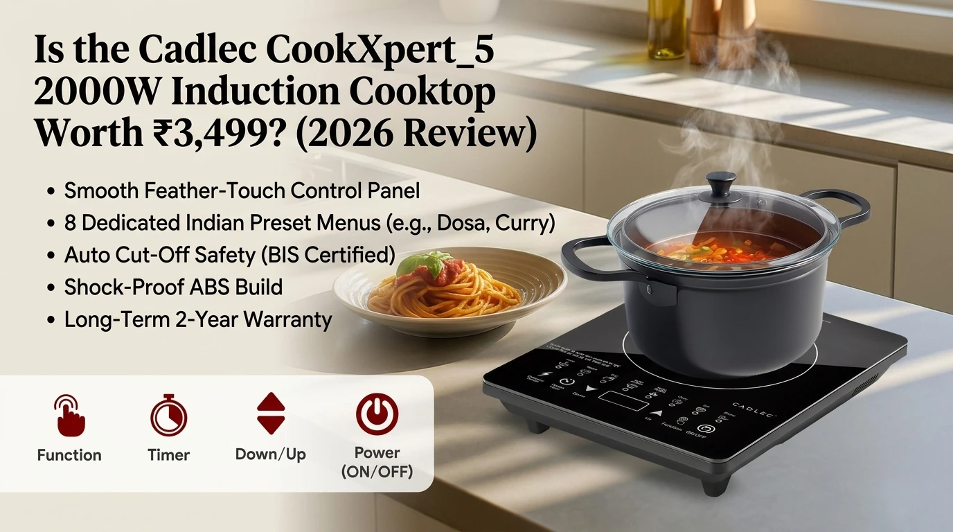 A comprehensive blog banner for the Cadlec CookXpert_5 2000W Induction Cooktop review. The image shows the sleek black cooktop actively boiling a pot of stew on a modern kitchen counter. Text overlays ask 'Is the Cadlec CookXpert_5 Worth ₹3,499?' and highlight key features including the feather-touch control panel, 8 Indian preset menus, BIS-certified auto cut-off, shock-proof ABS build, and a 2-year warranty.