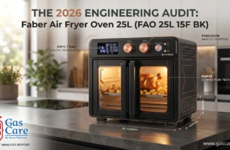 Featured blog banner image displaying the front of the black Faber Air Fryer Oven 25L (FAO 25L 15F BK) with digital controls. The oven is active in a modern, professional home kitchen on a polished dark concrete countertop, with its glass doors glowing from warm internal light, revealing a mouth-watering roasted chicken and potatoes on trays. The blog title 'THE 2026 ENGINEERING AUDIT: Faber Air Fryer Oven 25L (FAO 25L 15F BK)' is at the top in authoritative dark grey and copper accents. Detailed, copper-colored technical schematic lines and data callouts emanate from the oven, highlighting features: '210°C / 0:45 DIGITAL READOUT', 'PRECISION ANALOG CONTROL', and 'RAPID CONVECTION TECH'. Dimension indicators are integrated at the base: 'W: 405mm', 'D: 429mm', 'H: 395mm'. In the bottom left corner, the distinct 'Gas Care By Stove-Technica' logo is integrated, with 'EXPERT ANALYSIS REPORT' in smaller text below it. The background features a blurred kitchen window with natural light and sleek appliances. The overall lighting is warm and sophisticated, conveying a high-quality, professional technical audit for Gas Care. small text: www.gascare.in the lower right.