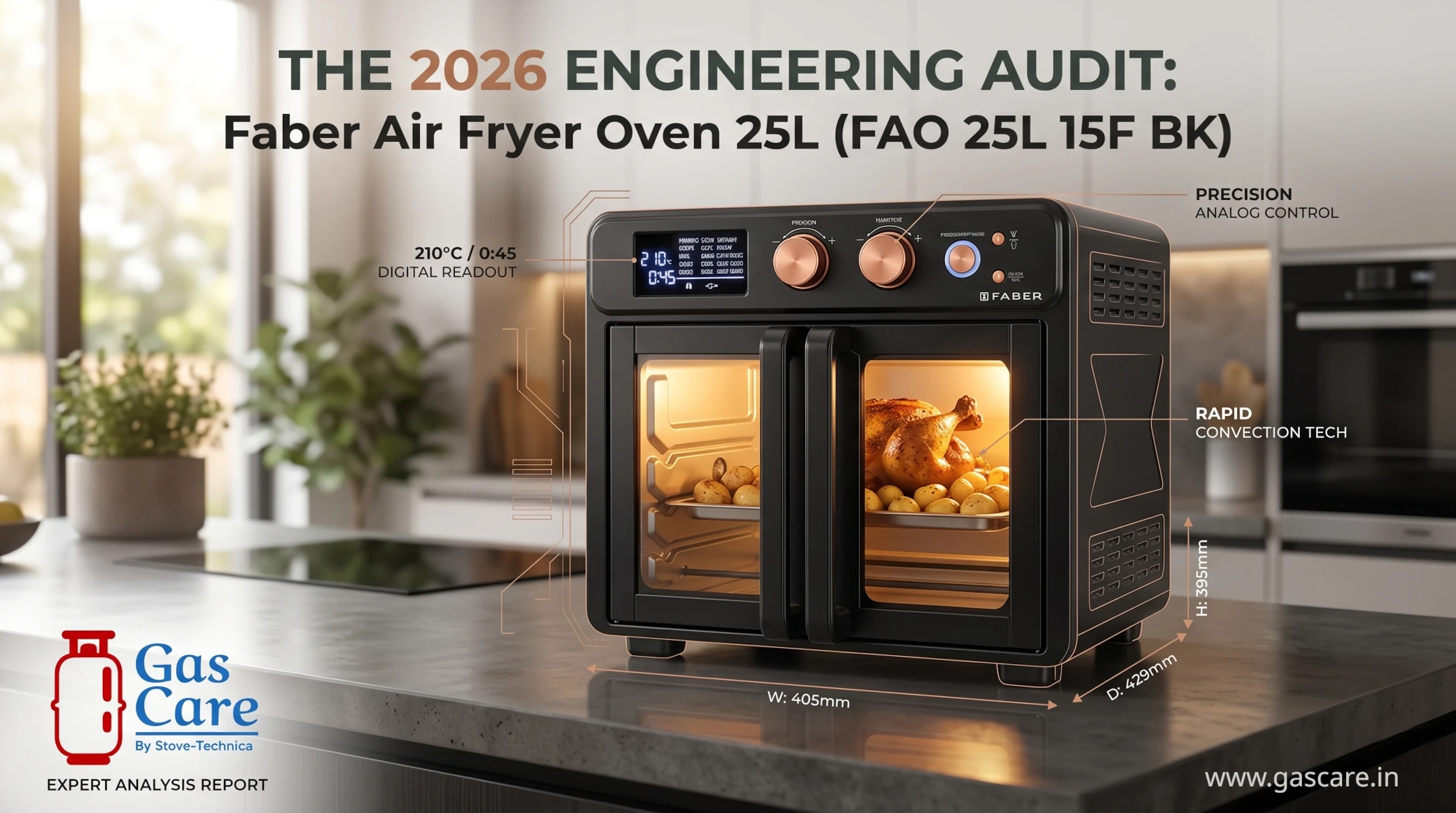 Featured blog banner image displaying the front of the black Faber Air Fryer Oven 25L (FAO 25L 15F BK) with digital controls. The oven is active in a modern, professional home kitchen on a polished dark concrete countertop, with its glass doors glowing from warm internal light, revealing a mouth-watering roasted chicken and potatoes on trays. The blog title 'THE 2026 ENGINEERING AUDIT: Faber Air Fryer Oven 25L (FAO 25L 15F BK)' is at the top in authoritative dark grey and copper accents. Detailed, copper-colored technical schematic lines and data callouts emanate from the oven, highlighting features: '210°C / 0:45 DIGITAL READOUT', 'PRECISION ANALOG CONTROL', and 'RAPID CONVECTION TECH'. Dimension indicators are integrated at the base: 'W: 405mm', 'D: 429mm', 'H: 395mm'. In the bottom left corner, the distinct 'Gas Care By Stove-Technica' logo is integrated, with 'EXPERT ANALYSIS REPORT' in smaller text below it. The background features a blurred kitchen window with natural light and sleek appliances. The overall lighting is warm and sophisticated, conveying a high-quality, professional technical audit for Gas Care. small text: www.gascare.in the lower right.