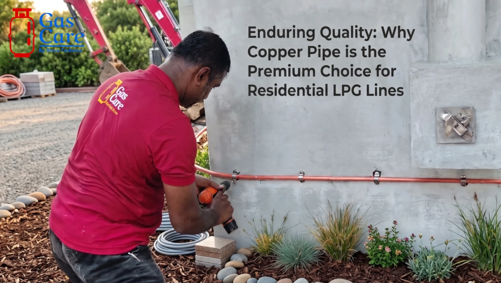 Gas Care technician wearing a red polo shirt uses a cordless drill to secure a horizontal red copper LPG pipeline with silver clips to a smooth concrete residential wall. In the detailed background, two red excavators and tidy green foliage are visible. Integrated text reads: Enduring Quality: Why Copper Pipe is the Premium Choice for Residential LPG Lines, with a gas care red and blue color logo in the upper left corner.