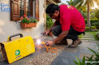 A Gas Care welder, wearing a red polo shirt, Gas Care uniform, and sunglasses, crouches while welding a gas pipe in a neatly maintained garden adjacent to the house. The yellow ORE ARC welding machine is in the foreground. The background shows an exquisite mansion, window box flowers, and palm trees. Golden hour. The Gas Care by Stove Technica logo is also visible in the upper left corner, as is the website www.gascare.In the lower right corner, branding is present.